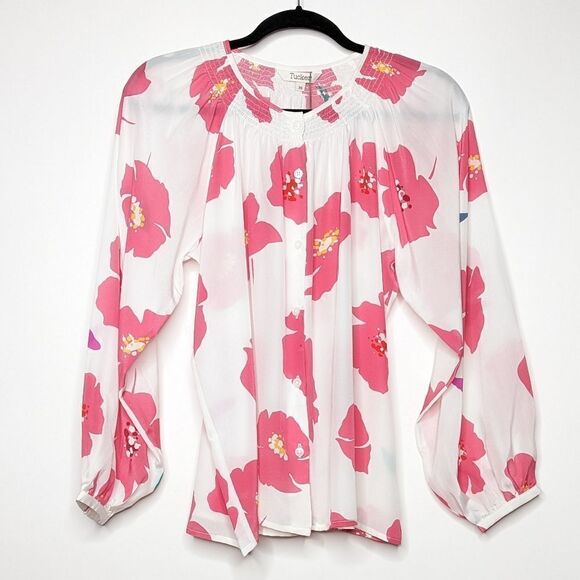 Tucker NYC Clara Classic Blouse Blush Poppies in Silk Crepe de Chine Top Floral - Picture 1 of 8